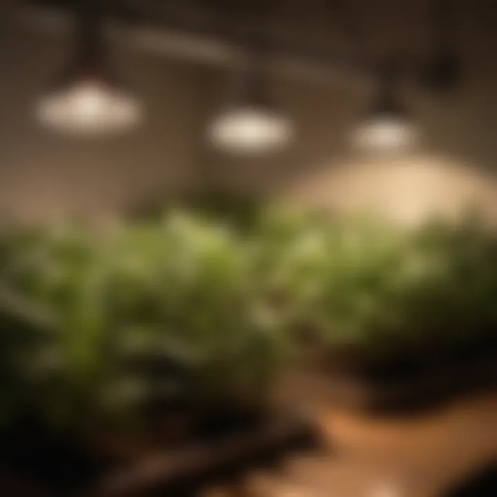 Close-up of grow lights installed above an indoor garden setup.