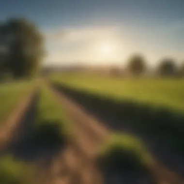 A serene landscape showcasing a vast farmland with green fields and a clear blue sky