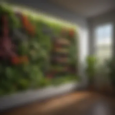 A Flourishing Indoor Wall Garden Lush indoor wall garden showcasing a variety of plants under grow lights.