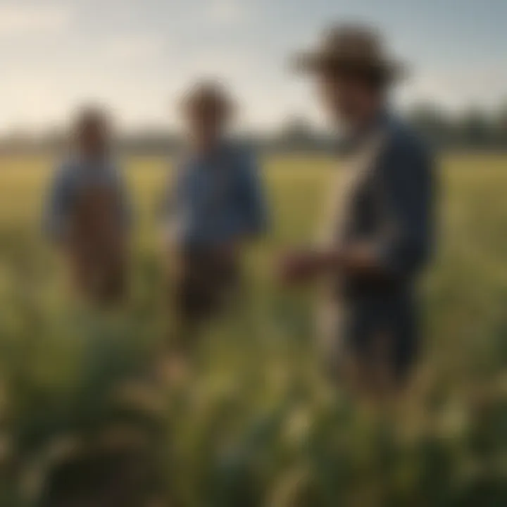 A group of farmers discussing sustainable practices in a vibrant field.