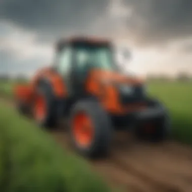 A Kubota small tractor navigating through a vibrant green field