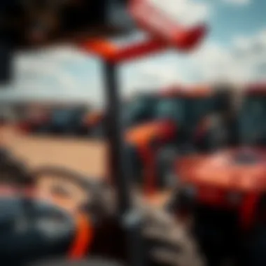 View of Agricultural Equipment with Kubota Tractors Agricultural equipment yard with various Kubota tractors and pallet forks