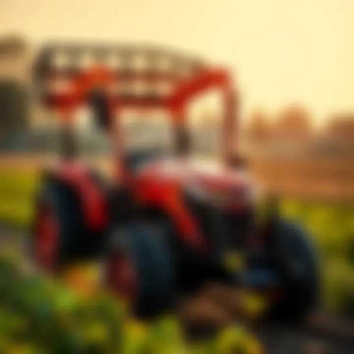 Kubota Tractor in Action with Pallet Fork Attachment Robust Kubota tractor with pallet fork attachment in agricultural field