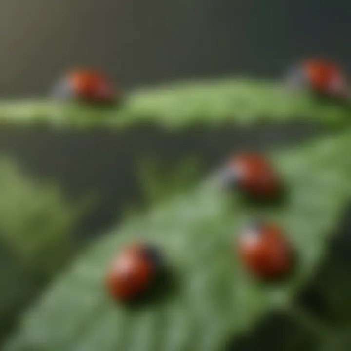 Close-up of ladybugs preying on aphids on a plant leaf, illustrating natural pest control.