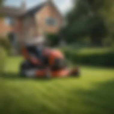 Landscaper using a walk-behind mower on a lawn