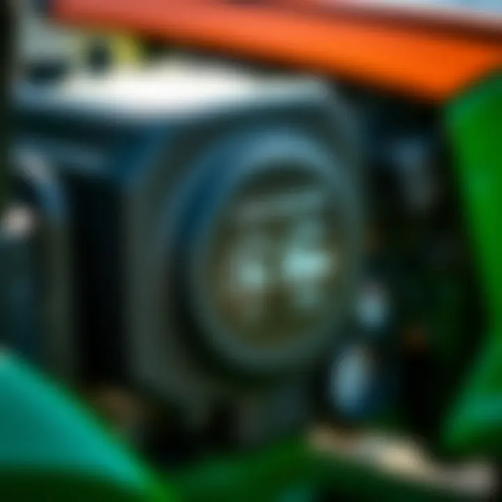 Close-up of a lawn tractor engine with performance metrics highlighted