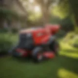 Overview of Lowe's lawn mower dump cart in a garden setting