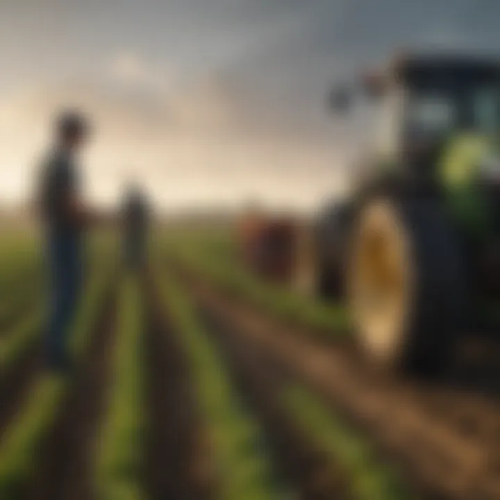 Farmers examining crops in a thriving field