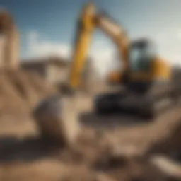 Mini excavator equipped with a concrete breaker at a construction site