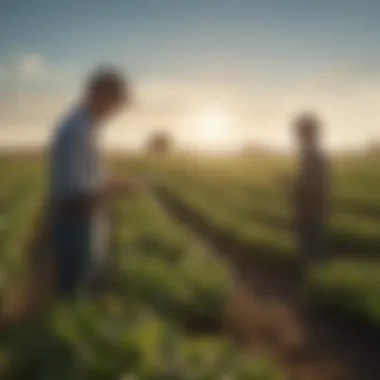 A farmer examining crops with an agricultural agent's guidance