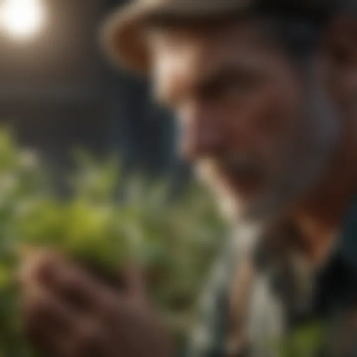 A close-up of a farmer examining healthy plants