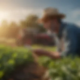 A farmer examining healthy crops under the sun