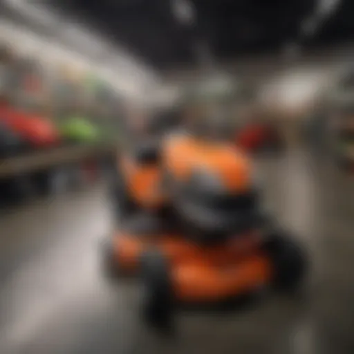 A well-organized lawn mower supply store with various types of lawn mowers on display