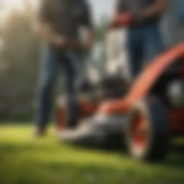 A person performing basic maintenance on a lawn mower, demonstrating care techniques