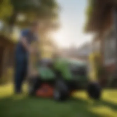 A homeowner inspecting a used lawn mower before purchase