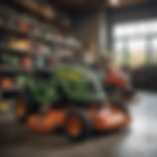 A variety of used lawn mowers displayed in a local shop