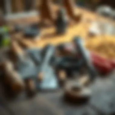 Tools and equipment essential for yard releveling displayed on a wooden surface