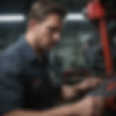 A technician examining tractor parts for durability and performance.