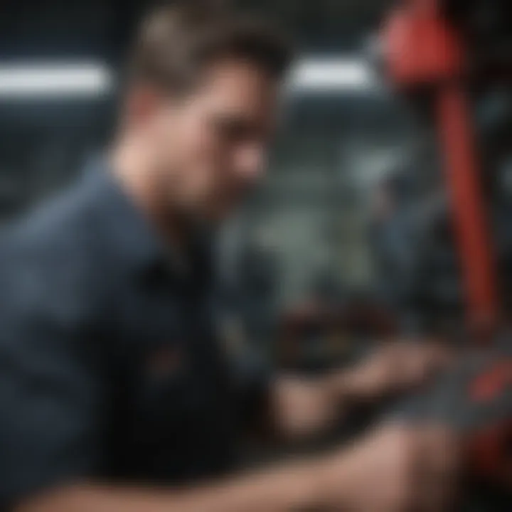 A technician examining tractor parts for durability and performance.