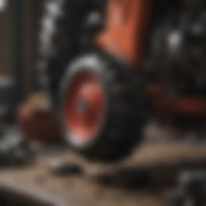 An array of essential tractor parts displayed on a workshop bench.