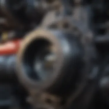 Close-up view of diesel tractor engine components