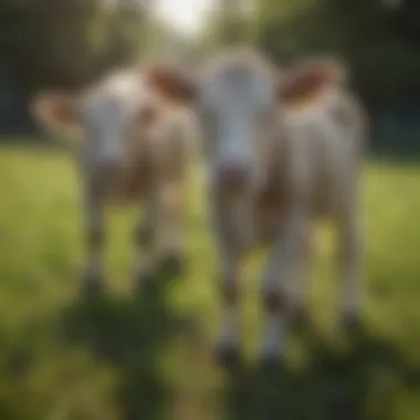 Calves in a lush pasture, demonstrating healthy growth linked to proper nutrition.