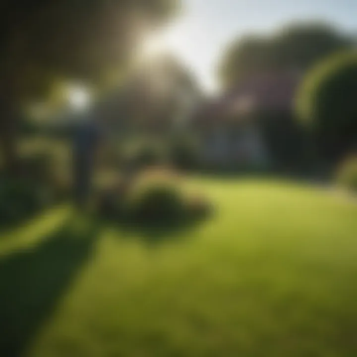 Gardeners applying maintenance techniques on a shaded lawn for optimal growth