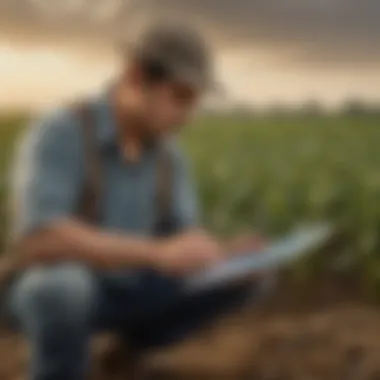 A farmer analyzing financial charts and seed costs on a digital tablet in a field.