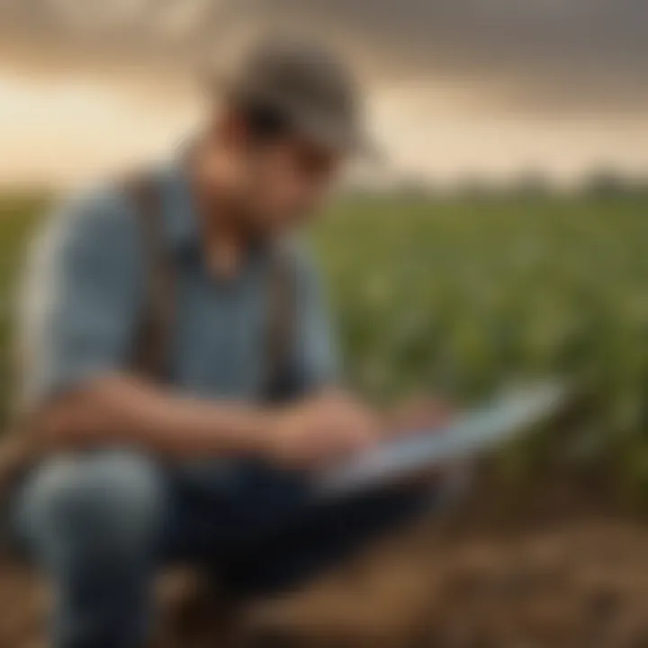 A farmer analyzing financial charts and seed costs on a digital tablet in a field.