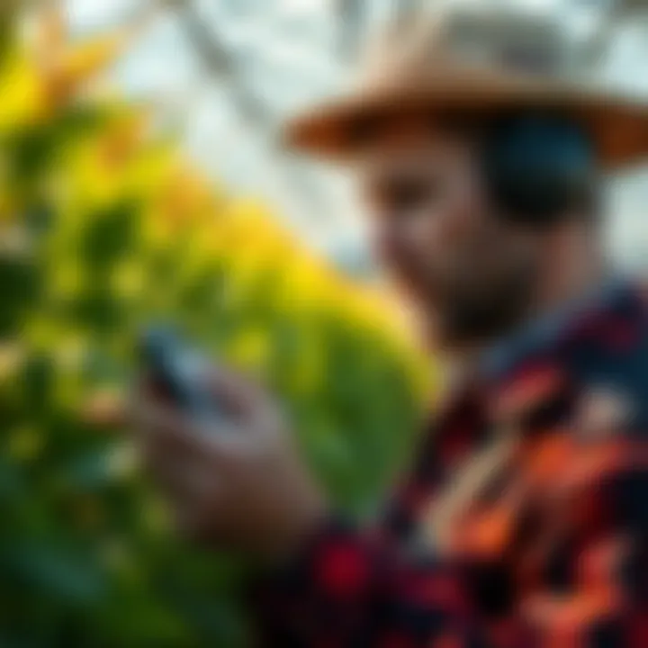 A close-up view of a farmer using advanced technology to monitor plant growth and nutrient levels.
