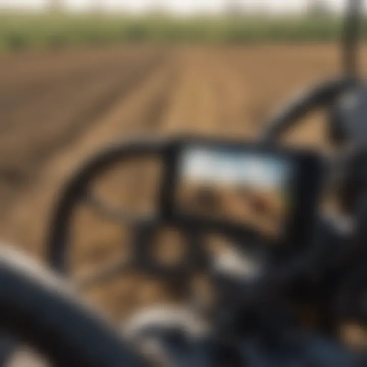 Close-up of a smartphone integrated with tractor controls