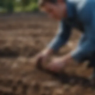 Close-up of a farmer examining soil health with a focus on sustainability.