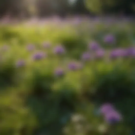 Close-up view of small purple flowers blooming in a lush green lawn