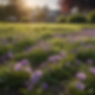 Wide shot of a lawn dotted with small purple flowers, showcasing their beauty