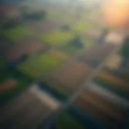 Aerial view of diverse agricultural fields showcasing various farming methods
