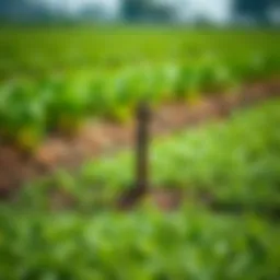 A small water pump in action within a lush agricultural field