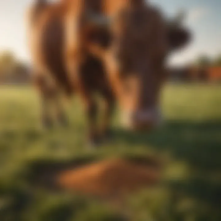 Visual representation of cattle grazing with sweet feed in the foreground