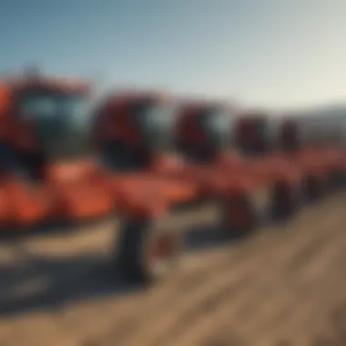 Different types of tile plow machines lined up