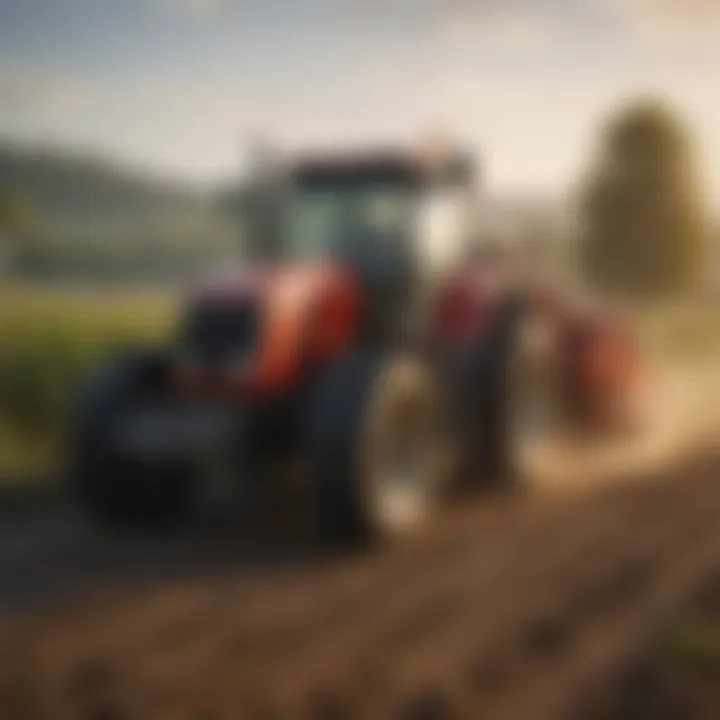 Tractor equipped with a screening bucket in action during soil management