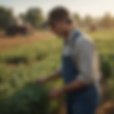 A farmer examining crops in a sustainable farming field