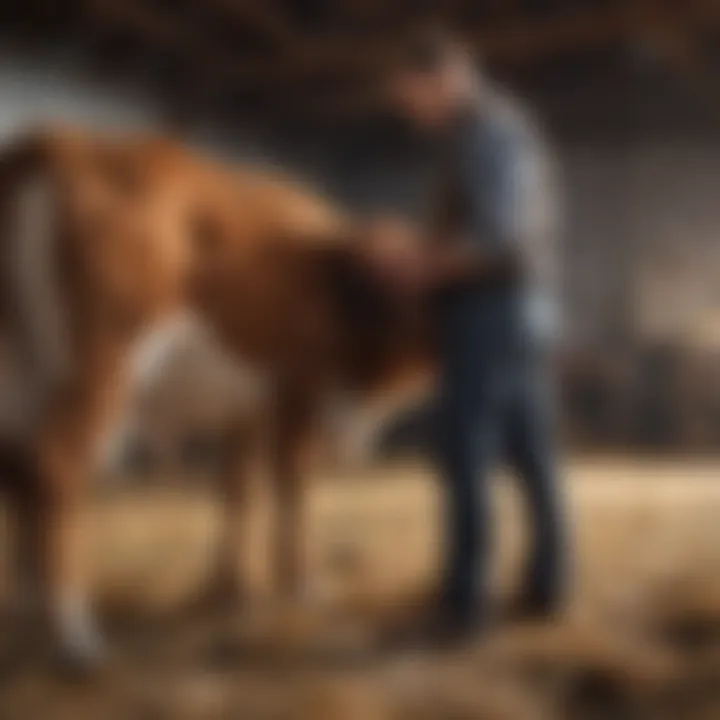 Farmer inspecting a calf blanket