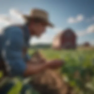 Close-up of a farmer inspecting crops in a field