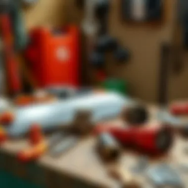 Essential maintenance tools for Ford brush hog blades displayed on a workbench.