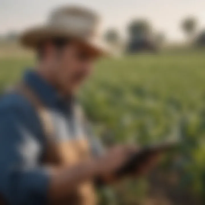 A farmer analyzing crop data with a digital tablet in a field