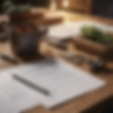 A close-up of agricultural tools and government funding documents on a wooden table