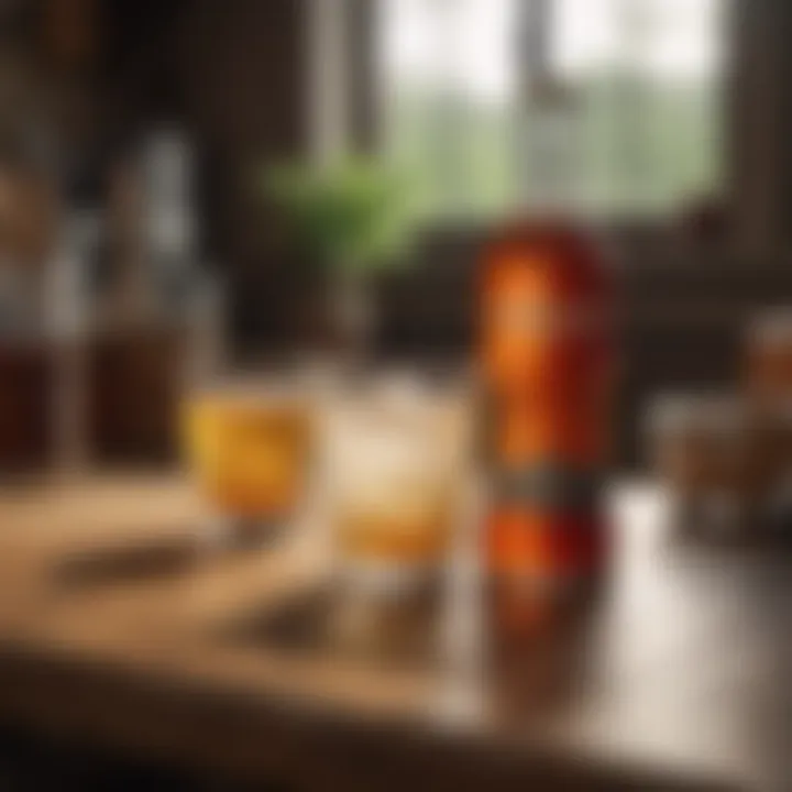 A display of fortified drinks on a wooden table