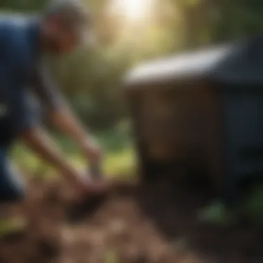 A gardener monitoring the moisture level in a compost bin with a moisture meter.