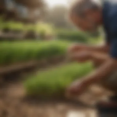 Gardener selecting Pennington Annual Ryegrass seeds from a store