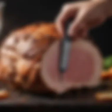 Thermometer inserted into a juicy pork roast