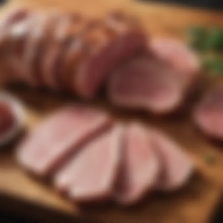 Variety of pork cuts arranged on a butcher's block